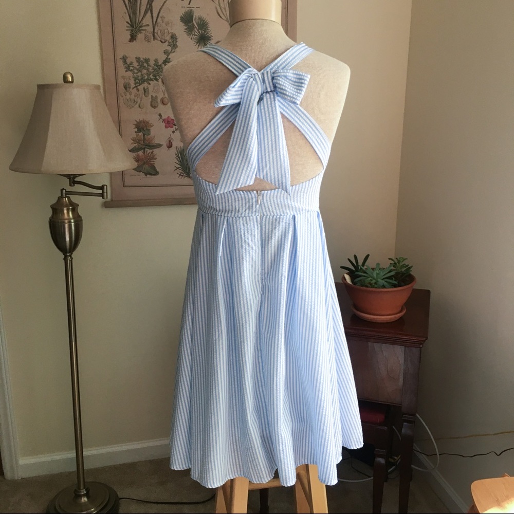 Blue Seersucker Dress with Bow